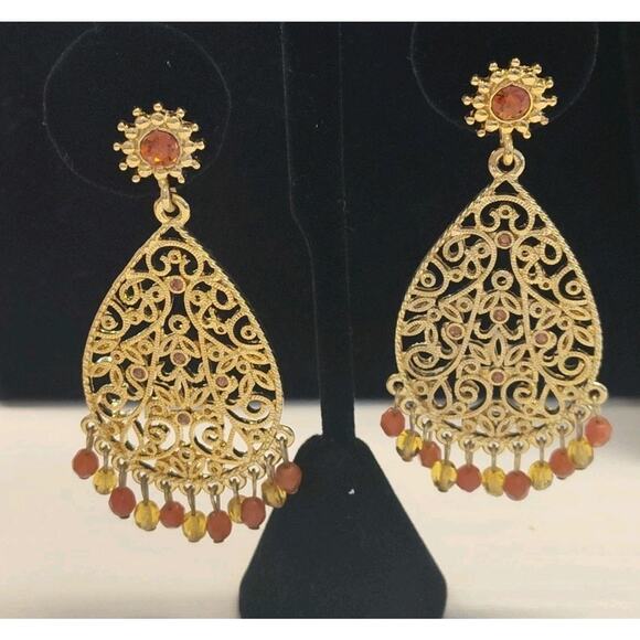 Vintage Inspired Boho Lot of Gold-Tone Jewelry Necklace And Earrings Crystals - Picture 10 of 12